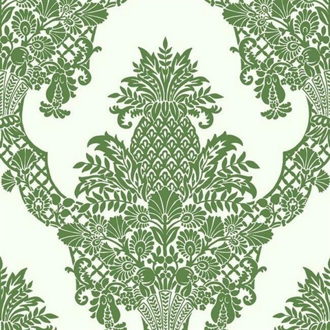 Pineapple Wallpaper Green and White Damask Wallpaper
