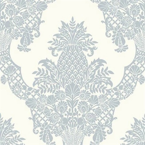 Pineapple Wallpaper Periwinkle and  White Damask Wallpaper