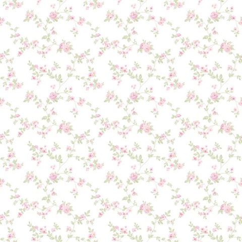 Pink Delicate Small Floral & Leaf Illustrated Wallpaper