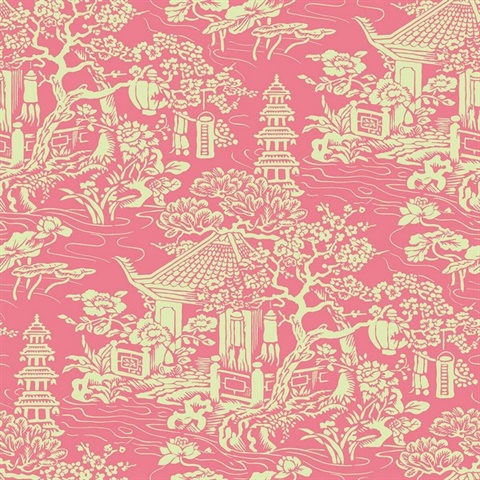 Pink & Green Commercial Oriental Scenic Wallpaper