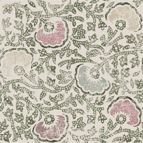 Pink & Green Fontaine Heirloom Floral Toss Wallpaper