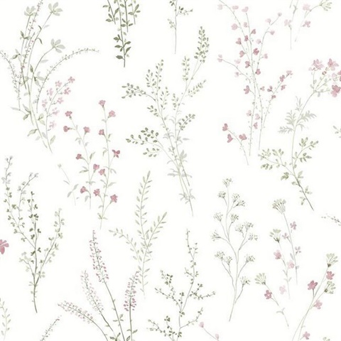 Pink, Green & Grey Wildflower Sprigs Floral Wallpaper