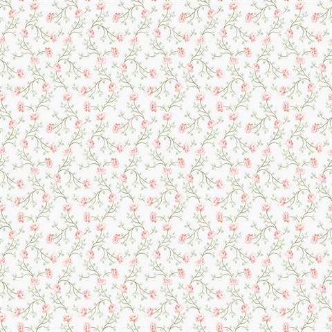 Pink & Green Small Floral Vine Wallpaper