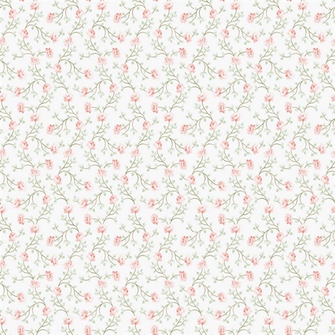 Pink & Green Small Floral Vine Wallpaper