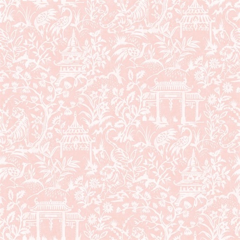 Pink Weathered Garden Tiger & Crane Toile Wallpaper