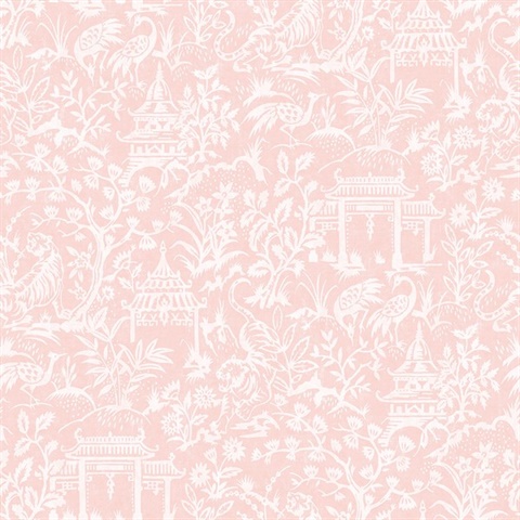 Pink Weathered Garden Tiger & Crane Toile Wallpaper