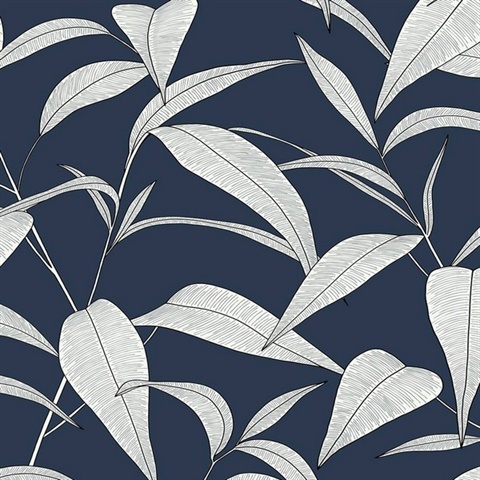 Pinstripe Leaf Trail Botanical Dark Blue Peel and Stick Wallpaper