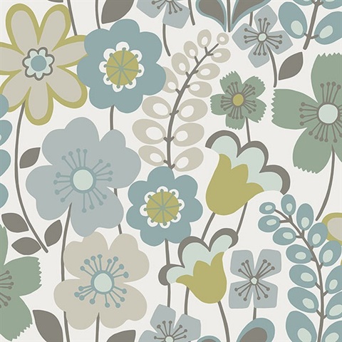 Piper Green Retro Boho Floral Wallpaper