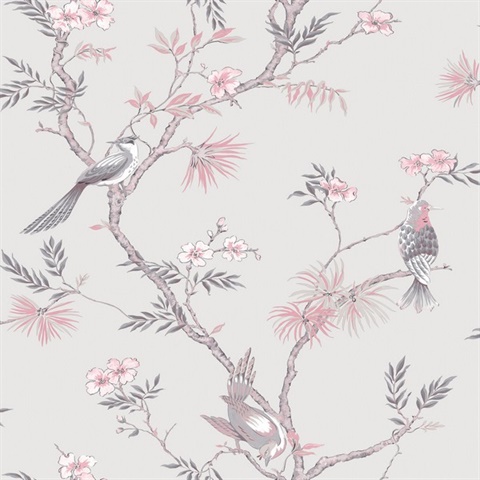 Plum & Grey Classic Bird & Branches Trail Wallpaper