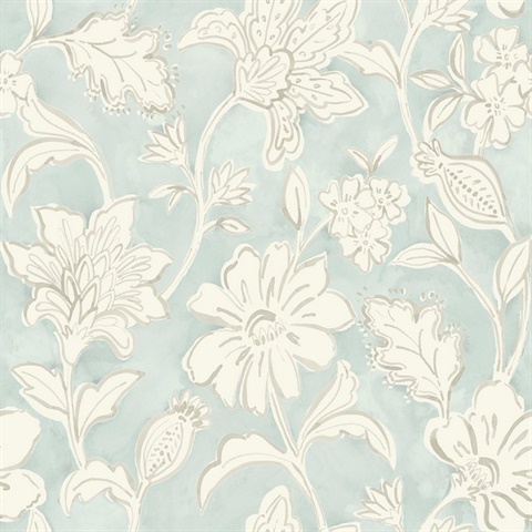 Plumeria Aqua Floral Trail Large Watercolor Floral & Leaf Wallpaper