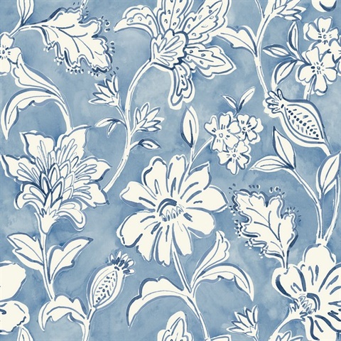 Plumeria Blue Floral Trail Large Watercolor Floral & Leaf Wallpaper