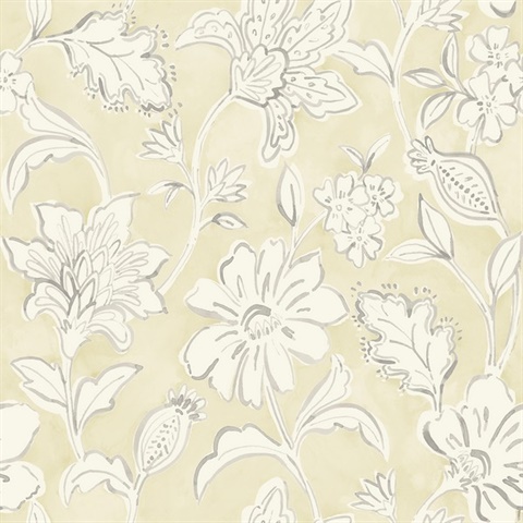 Plumeria Yellow Floral Trail Large Watercolor Floral & Leaf Wallpaper