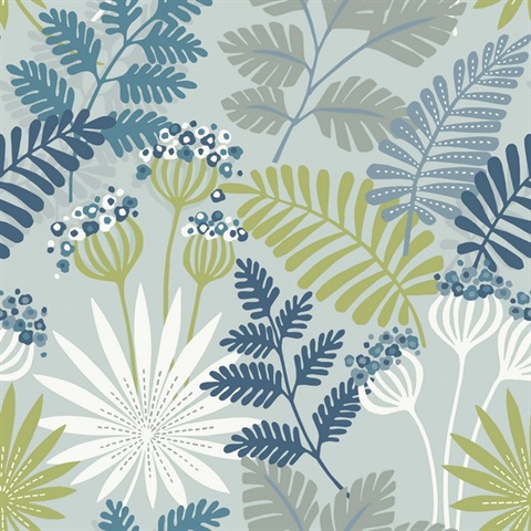 Praslin Sky Blue Botanical Wallpaper