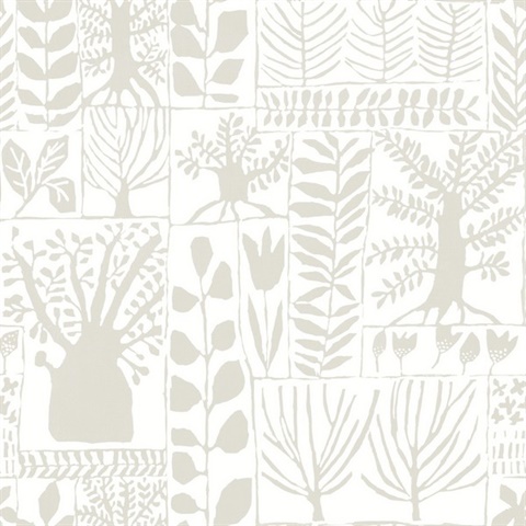 White & Greige Primitive Trees Scandinavian Wallpaper