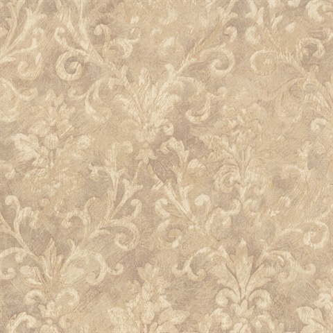 Prospero Light Brown Damask Scroll Texture Wallpaper
