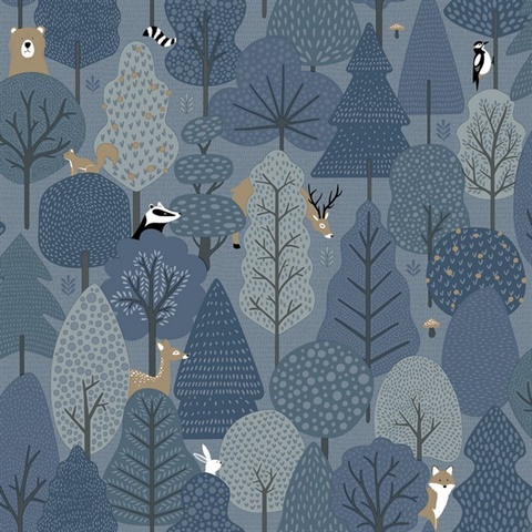 Quillen Indigo Foiled Forest Animals Wallpaper