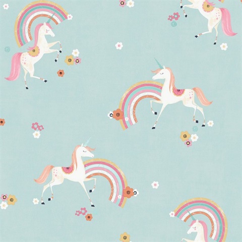 Rainbow Unicorn Blue Fantastical Wallpaper
