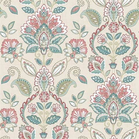 Rayleigh Coral Floral Damask Wallpaper