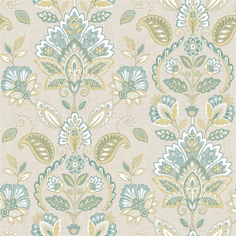 Rayleigh Teal Floral Damask Wallpaper