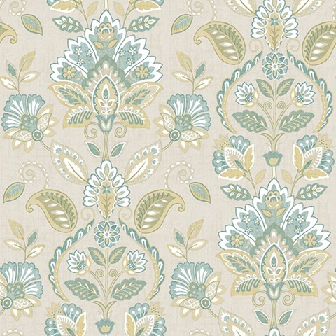 Rayleigh Teal Floral Damask Wallpaper