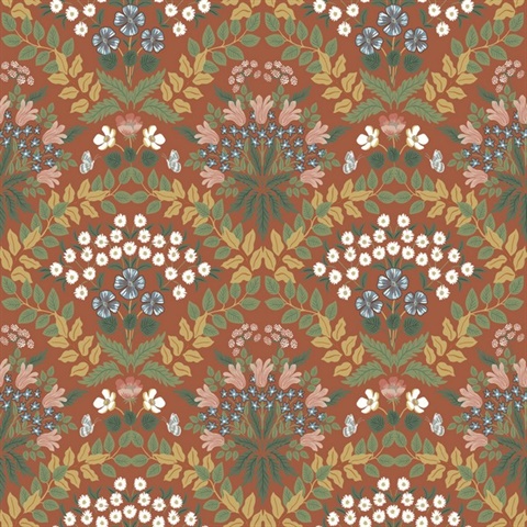 Red & Green Bramble Abtract Floral Leaf Wallpaper