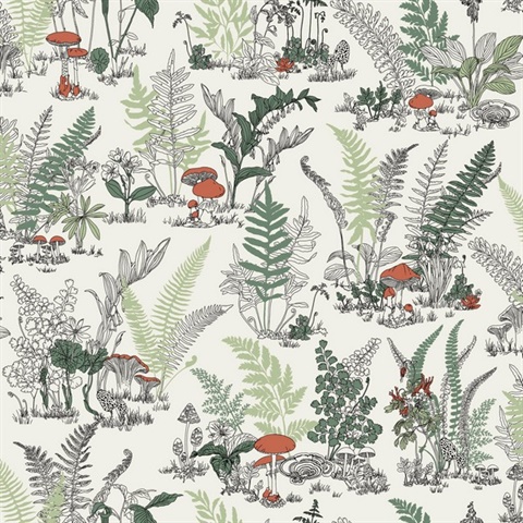 Red & Green Mushroom Garden Toile Wallpaper