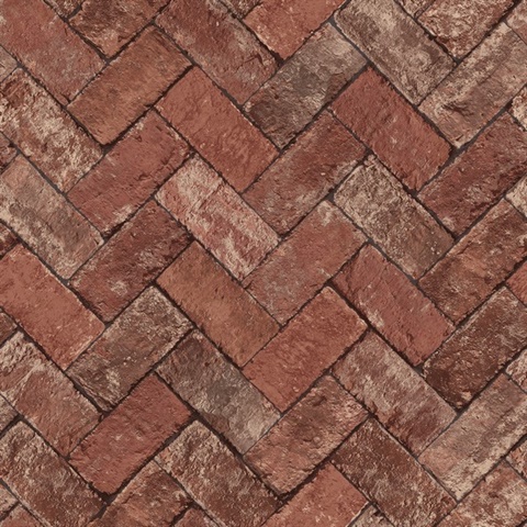 Red Textured Faux Herringbone Brick Wallpaper