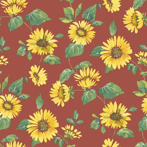 Red Various Sized Illustrated Sunflower Trail Wallpaper