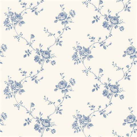 Cream & Blue Rose Floral Wallpaper