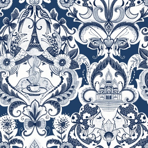 Sadie Navy Blue Parisian Large Damask Wallpaper