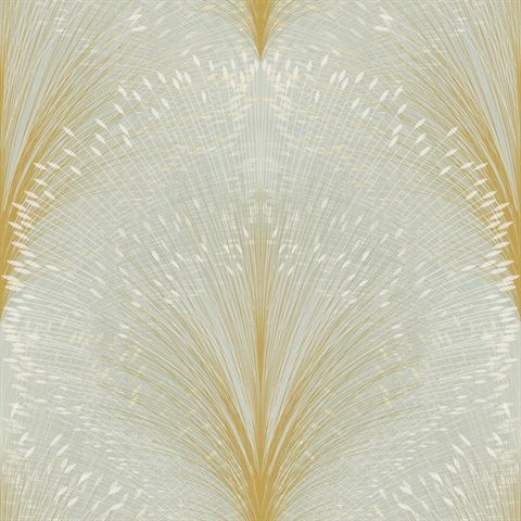 Sage Papyrus Plume Metallic Textured Leaf Damask Wallpaper