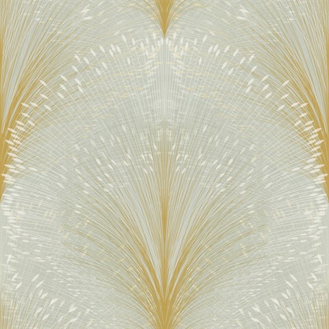 Sage Papyrus Plume Metallic Textured Leaf Damask Wallpaper