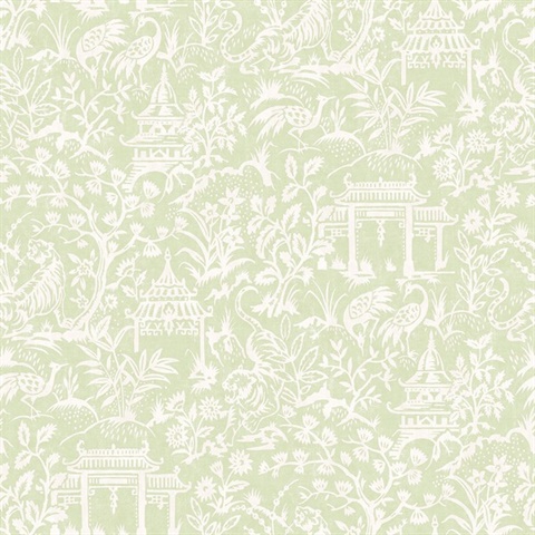 Sage Weathered Garden Tiger & Crane Toile Wallpaper