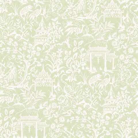 Sage Weathered Garden Tiger & Crane Toile Wallpaper