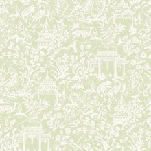 Sage Weathered Garden Tiger & Crane Toile Wallpaper