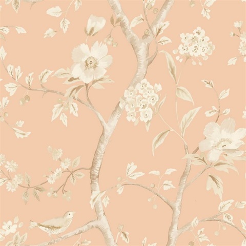 Salmon Pink & Beige Southport Bird On Branches Floral Trail Wallpaper