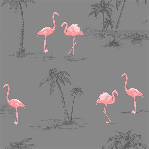 Sanibel Taupe Flamingo Wallpaper