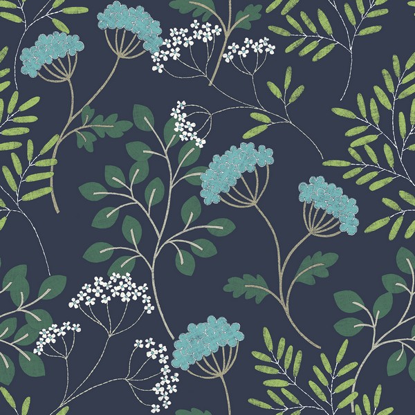 2975-87541 | Sorrel Navy Blue Botanical Leaf Wallpaper
