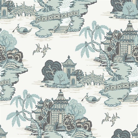 Seamist Pagoda Scenic Asian Toile Wallpaper