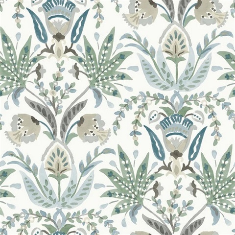 Seaside Jacobean White, Green and Blue Wallpaper