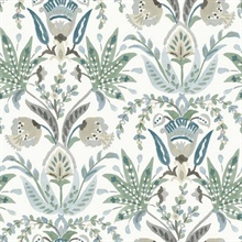 Seaside Jacobean White, Green and Blue Wallpaper