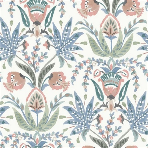 Seaside Jacobean White, Pink and Blue Wallpaper