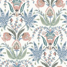 Seaside Jacobean White, Pink and Blue Wallpaper