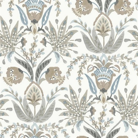 Seaside Jacobean White, Taupe and Blue Wallpaper