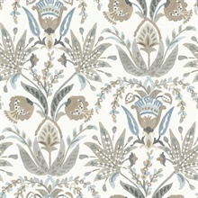 Seaside Jacobean White, Taupe and Blue Wallpaper