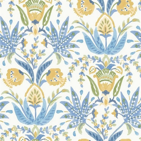 Seaside Jacobean White, Yellow and Blue Wallpaper