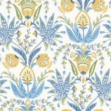 Seaside Jacobean White, Yellow and Blue Wallpaper