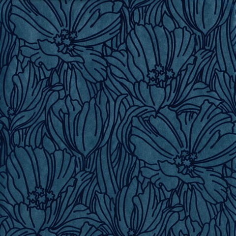 Selwyn Flock Dark Blue Textured Velvet Flock Floral Wallpaper