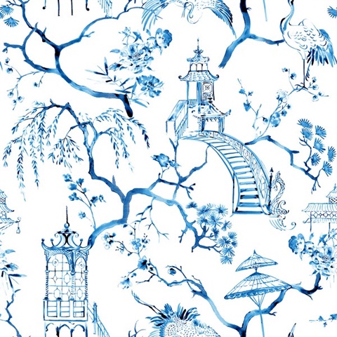 Serena Blue Watercolor Swan & Flower Chinoiserie Wallpaper