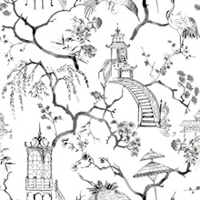 Serena Charcoal Watercolor Swan &amp; Flower Chinoiserie Wallpaper